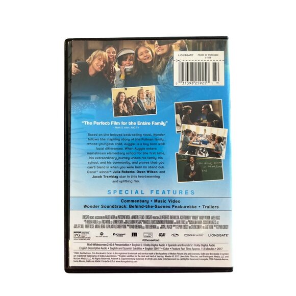 Wonder DVD 2017 Family Movie Julia Roberts Owen Wilson Jacob Tremblay Pre-Owned - Picture 4 of 4